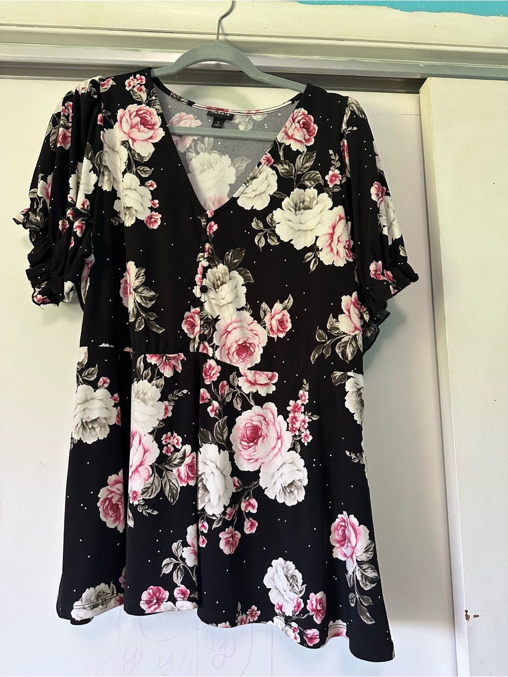 torrid Black Floral V-Neck Top with Pink & White Roses